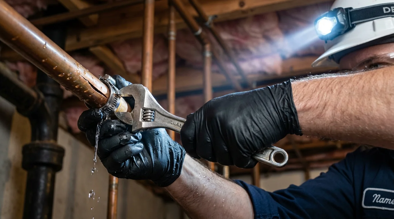 Emergency pipe clamp repair being performed by a Johns Plumbing LLC plumber in Wagoner