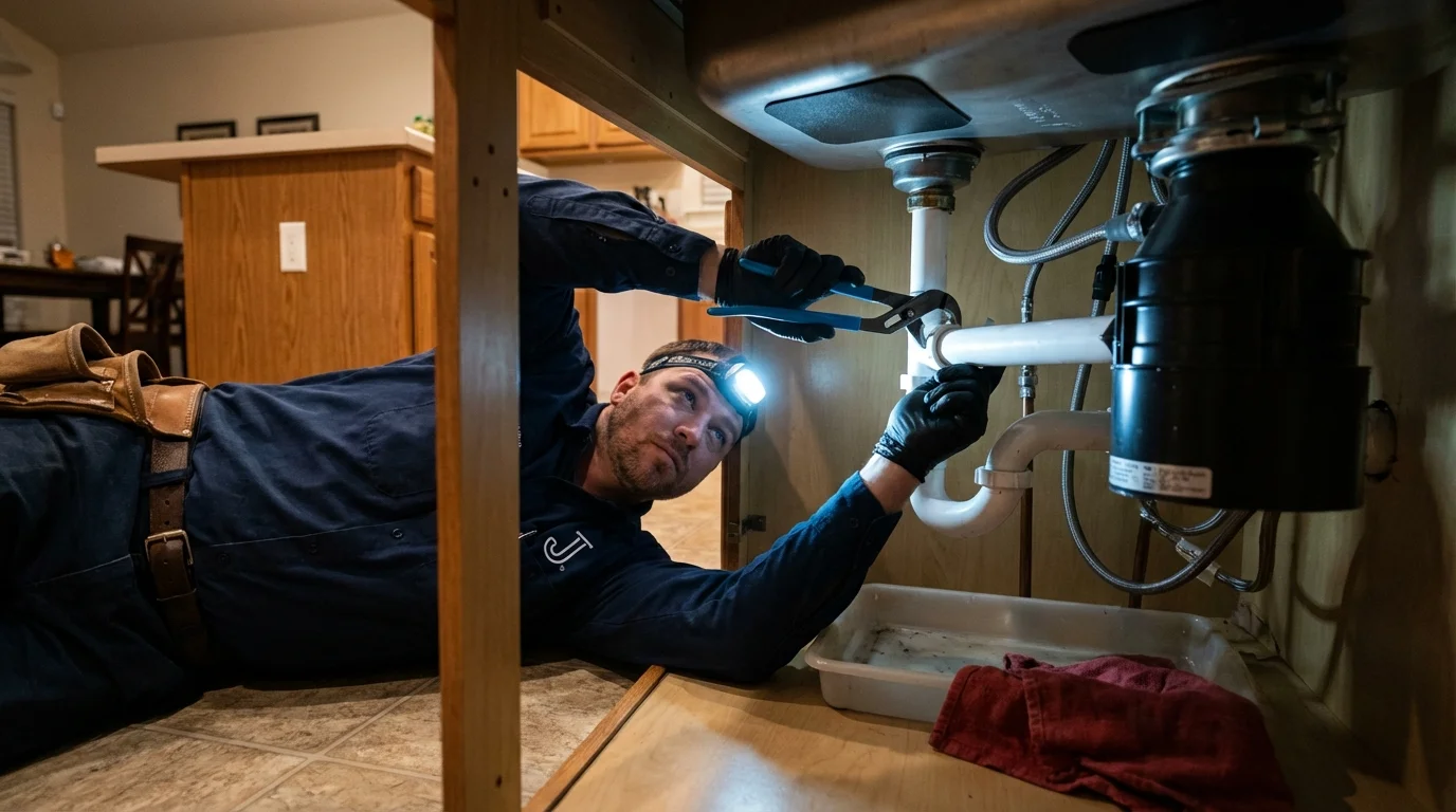 P-trap and supply line connections under a kitchen sink showing a common leak point in Wagoner, OK